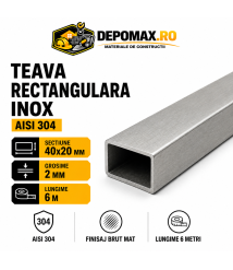 Teava rectangulara inox AISI 304, 40 x 20 x 2 mm, 6 metri